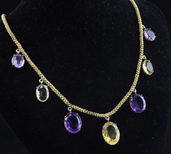 A gold, amethyst and citrine necklace, 16in.